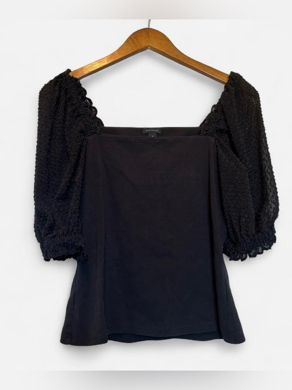 Ann Taylor Black Square Neck Puff Sleeve Blouse